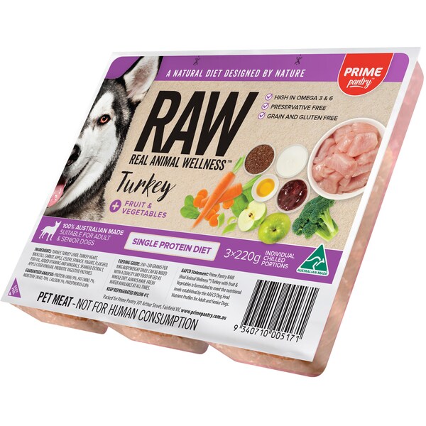 Prime Pantry Raw Turkey With Fruit & Vegetables 220g x3 Pack