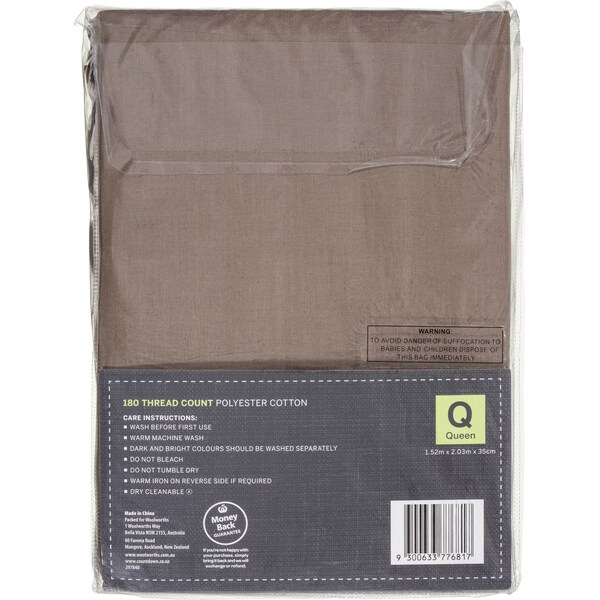 Woolworths Essentials Sheet Fitted Coffee Queen Bed Each