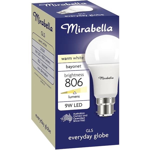 Mirabella 9W LED GLS Bayonet Warm White Light Globe each