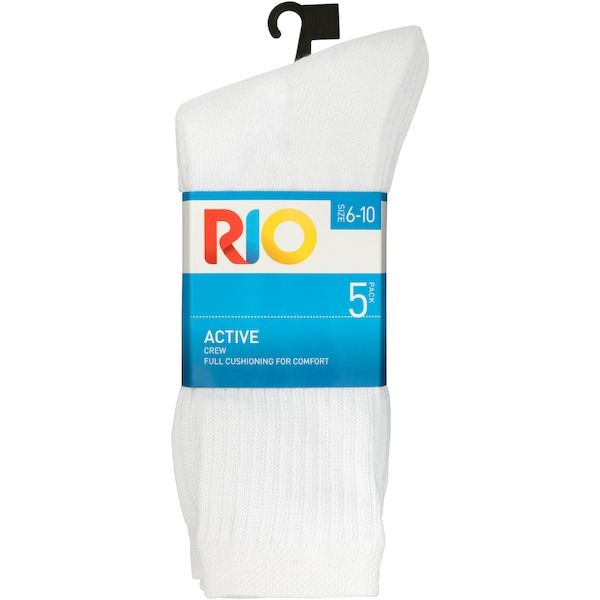 Rio Mens Sports Socks Crew White 6-10 5 Pack