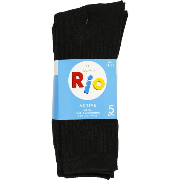 Rio Mens Sport Socks Crew Black 11-14 5 Pack