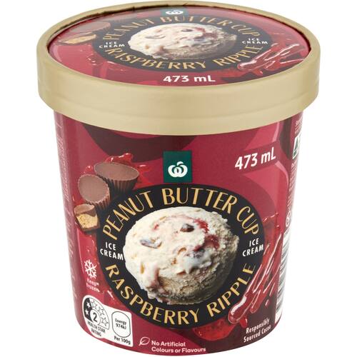 Woolworths Peanut Butter Cup Raspberry Ripple Ice Cream 473ml bunch