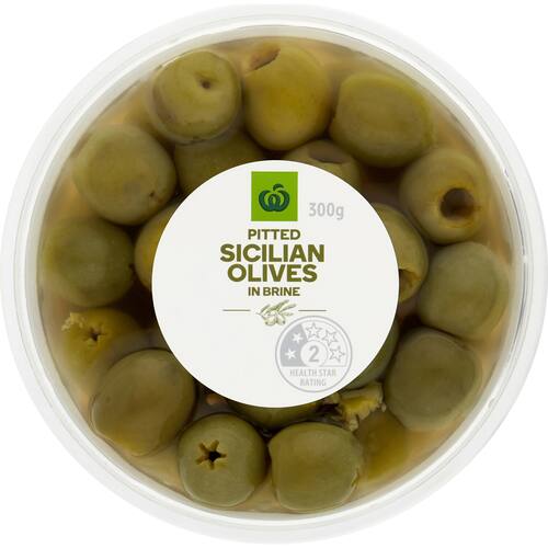 Woolworths Sicilian Pitted Olives In Brine 300g bunch