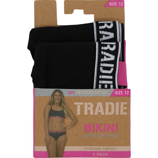 Tradie Ladies Bikini Brief Size 12 Black 2 pack