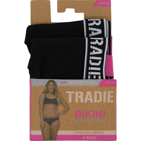 Tradie Ladies Bikini Brief Size 10 Black 2 pack