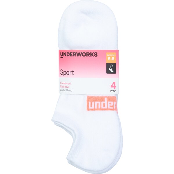 Underworks Ladies Sport No Show Socks Size 5-8 White 4 pack