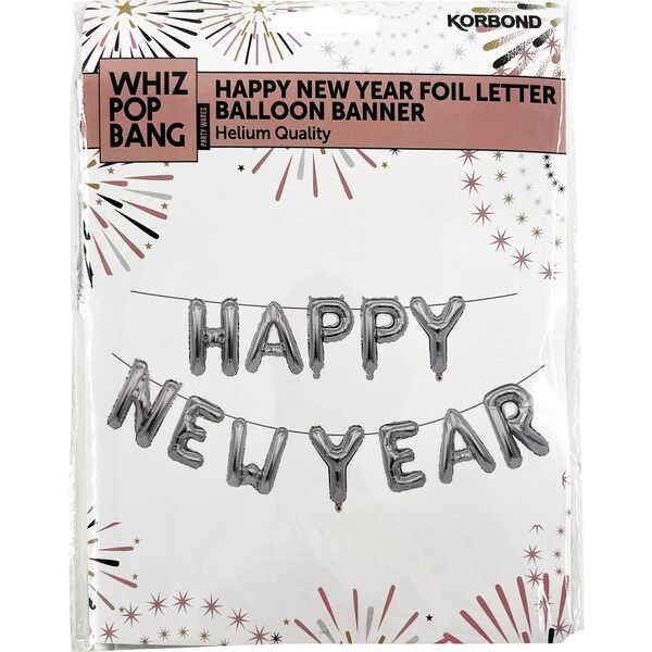 Whiz Pop Bang Happy New Year Foil Balloon Banner Silver Each