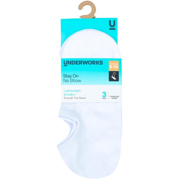 Underworks Ladies No Show Sneaker Socks Size 5-10 White 3 pack