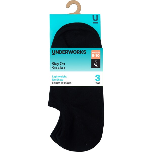 Underworks Ladies No Show Sneaker Socks Size 5-10 Black 3 pack