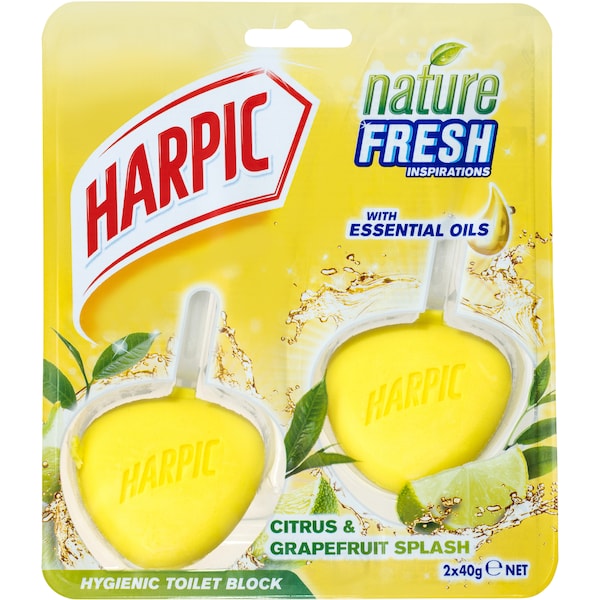 Harpic Hygienic Cageless Toilet Cleaner Block In Bowl Citrus 2x40g