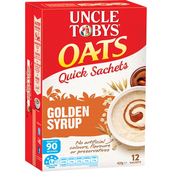 Uncle Tobys Quick Oats Sachets Golden Syrup 12pk