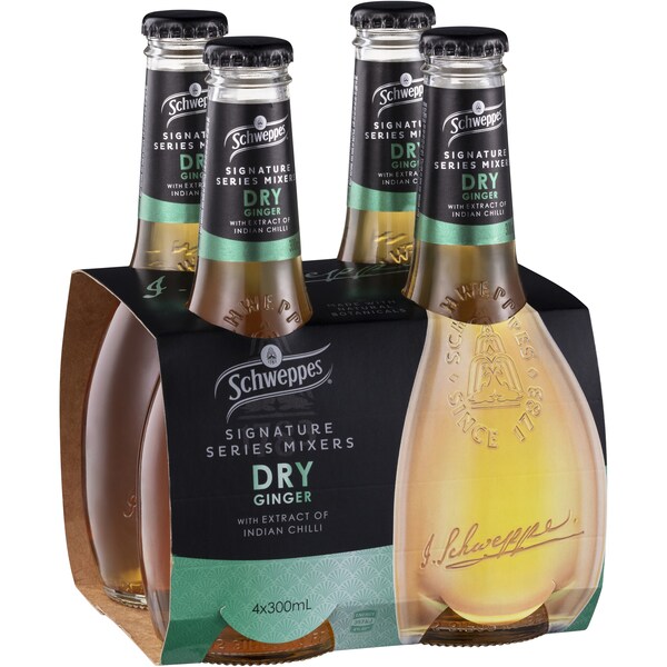 Schweppes Dry Ginger Ale Soft Drink Bottles Glass Mixers Multipack 300ml x 4 Pack