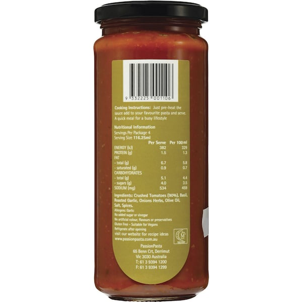 Passion Pasta Pasta Sauce Tomato, Basil & Roasted Garlic 465ml