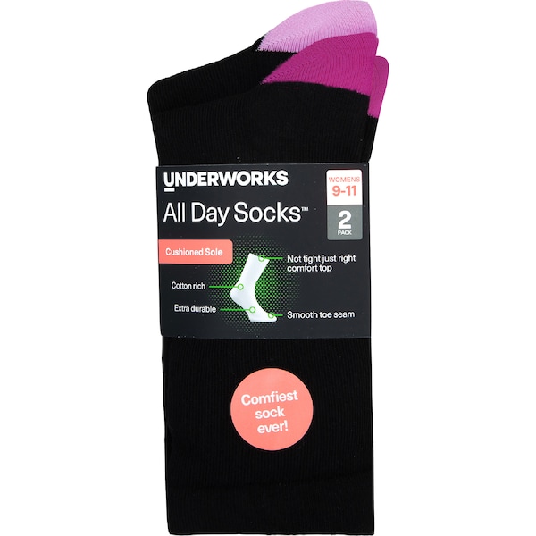 Underworks Womens All Day Cushion Foot Socks Black Size 9-11 2 pack