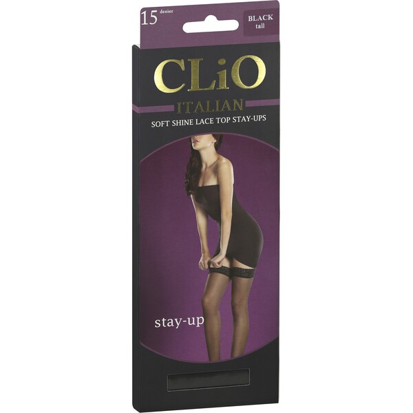 Clio Italian Satin Sheer Stay Up Pantyhose Black Tall Each