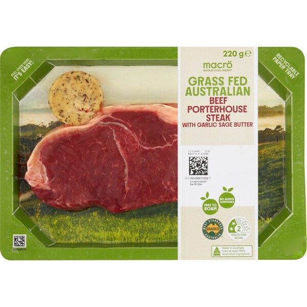 Macro Wholefoods Market Grass Fed Beef Porterhouse Steak With Garlic Butter 220g