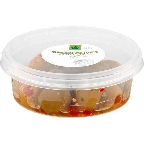 Woolworths Green Olives With Chilli and Garlic 110g bunch