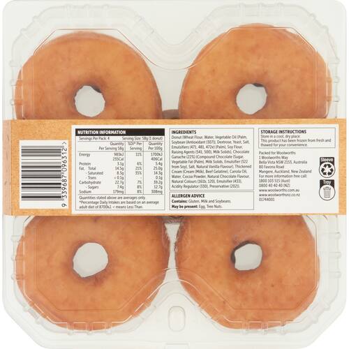 Woolworths Chocolate Iced Donuts 4 Pack bunch