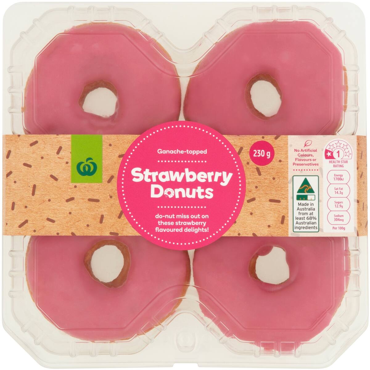 Woolworths Strawberry Iced Donuts 4 Pack bunch