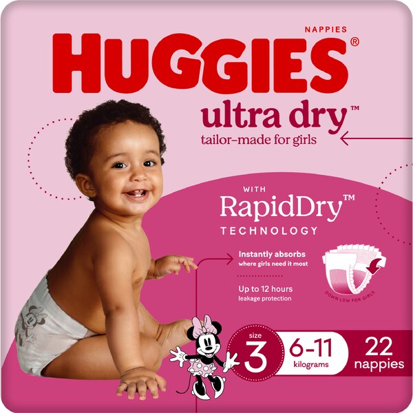 Huggies Ultra Dry Nappies Crawler 6-11kg Girl 22pk Convenience