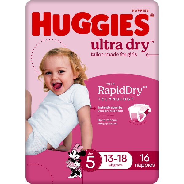 Huggies Ultra Dry Nappies Walker 13-18kg Girl 16pk Convenience