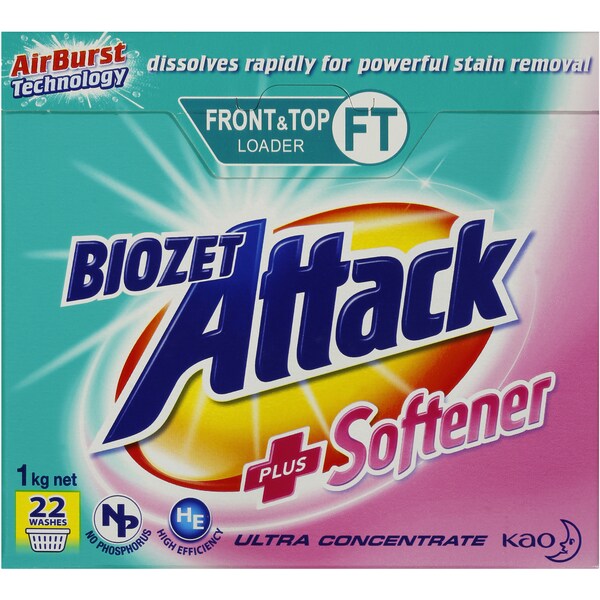 Biozet Attack Front & Top Loader Laundry Powder Plus Softener 1kg