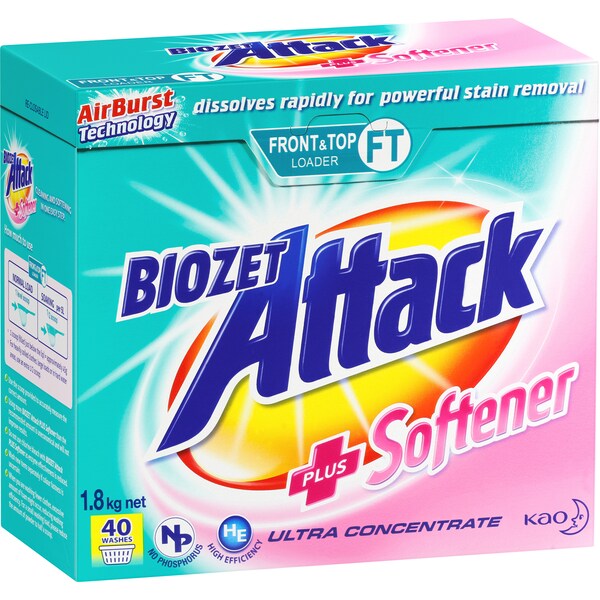 Biozet Attack Front & Top Loader Laundry Powder Plus Softener 1.8kg