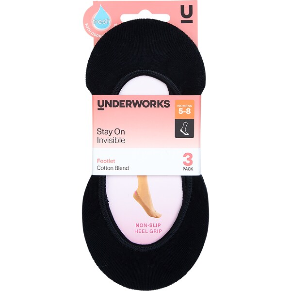 Underworks Ladies Invisible Footlets Black 5 - 8 3 pack