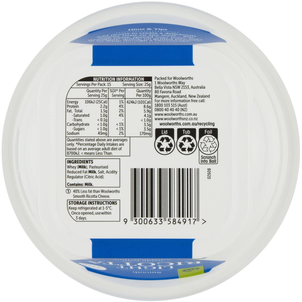 Woolworths Ricotta Light Cheese 375g bunch