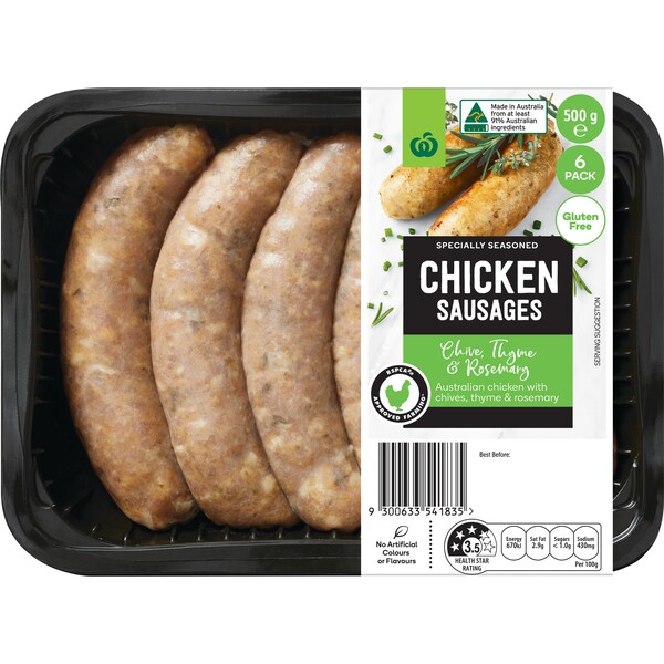 Woolworths Chicken Sausages Chives Thyme & Rosemary 500g