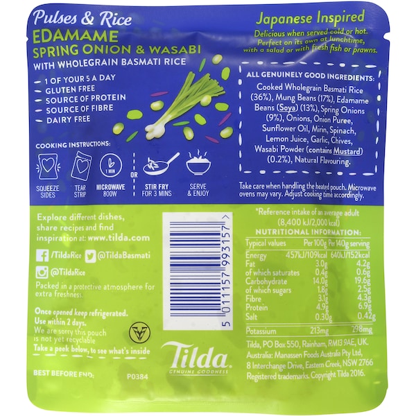 Tilda Rice & Edamame With Spring Onion & Wasabi 140g
