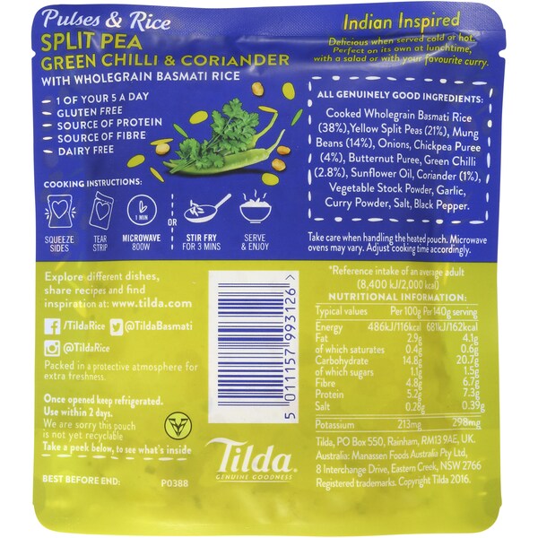 Tilda Rice & Split Pea With Green Chilli & Coriander 140g