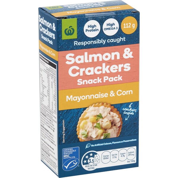 Woolworths Salmon & Crackers Snack Pack Mayonnaise & Corn 112g