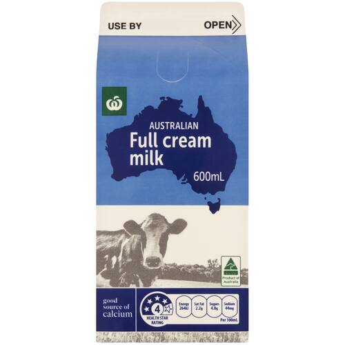 Woolworths Full Cream Milk 600ml bunch