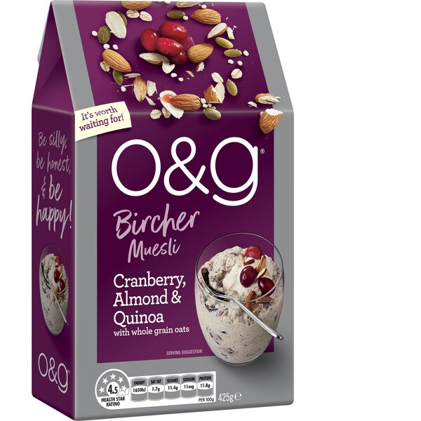 Uncle Tobys o&g Bircher Muesli Cranberry Almond & Quinoa 425g
