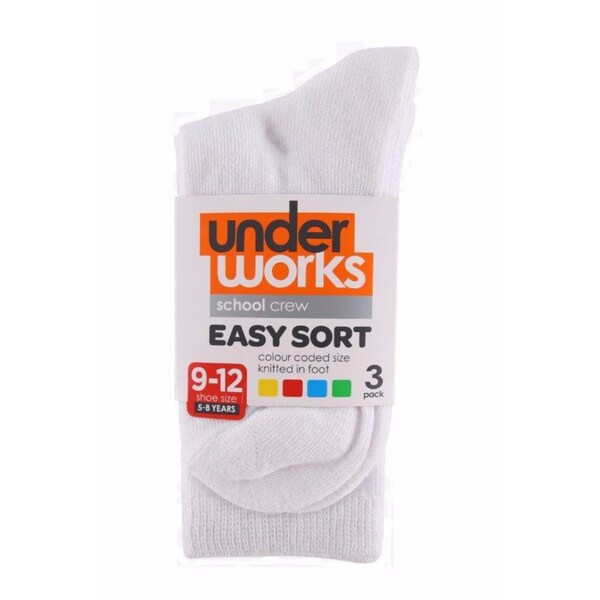 Underworks Kids School Crew Socks White Sz 9-12 3 Pack