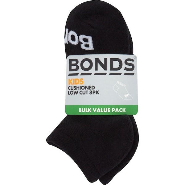 Bonds Kids Cushioned Low Cut Socks Black Size 9-12 8 pack