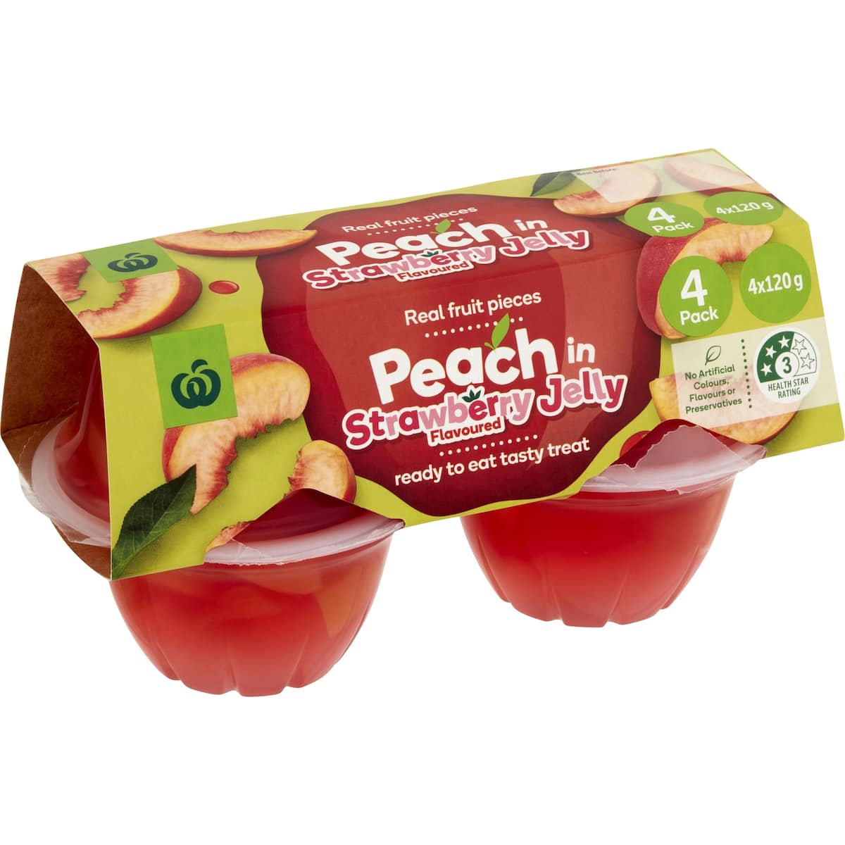 Woolworths Peach In Strawberry Jelly 4pk 480g bunch