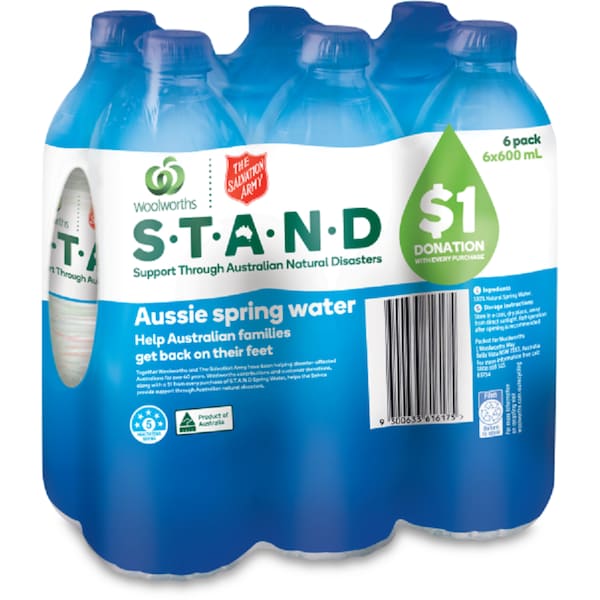 Woolworths s. t. a. n. d Spring Water 6x600ml
