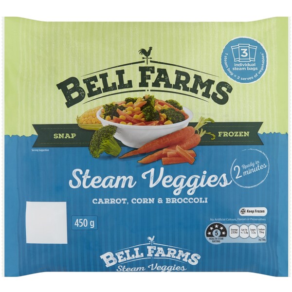 Bell Farms Steamed Veggies Carrot Corn & Broccoli 450g
