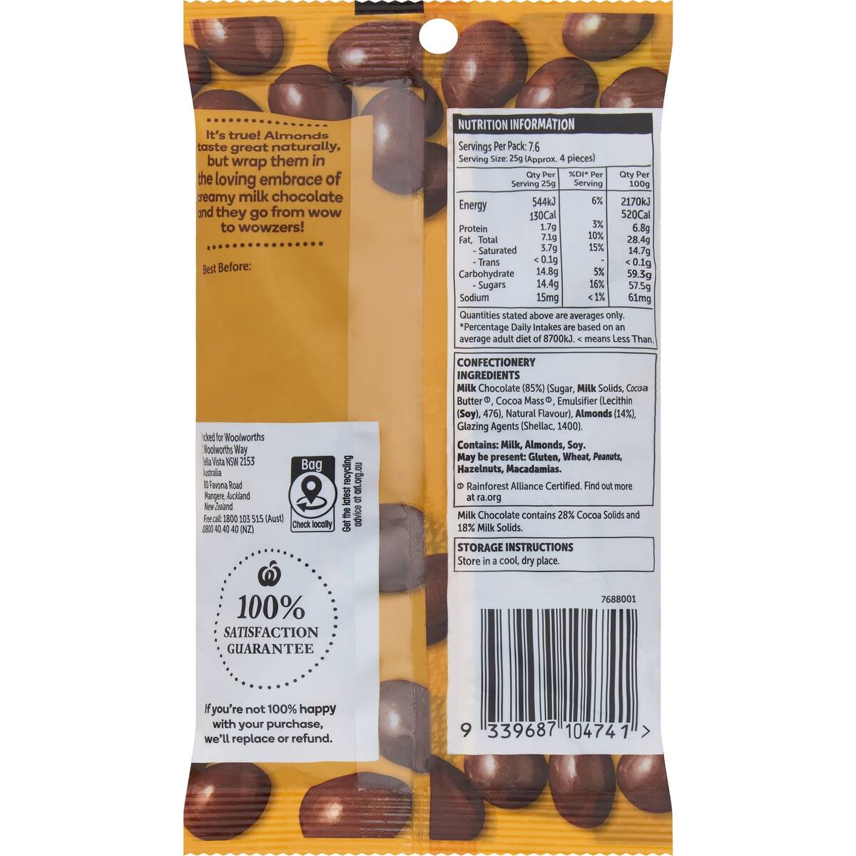 Woolworths Milk Chocolate Almonds 190g bunch