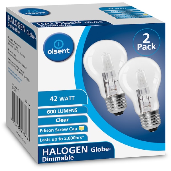 Olsent Clear Halogen Globe 42 Watt 2 Pack