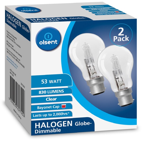 Olsent Clear Halogen Globe 53 Watt 2 Pack