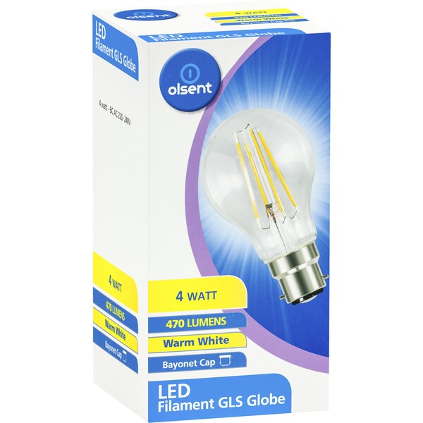 Olsent Warm White Led Gsl Globe 4 Watt 2pk