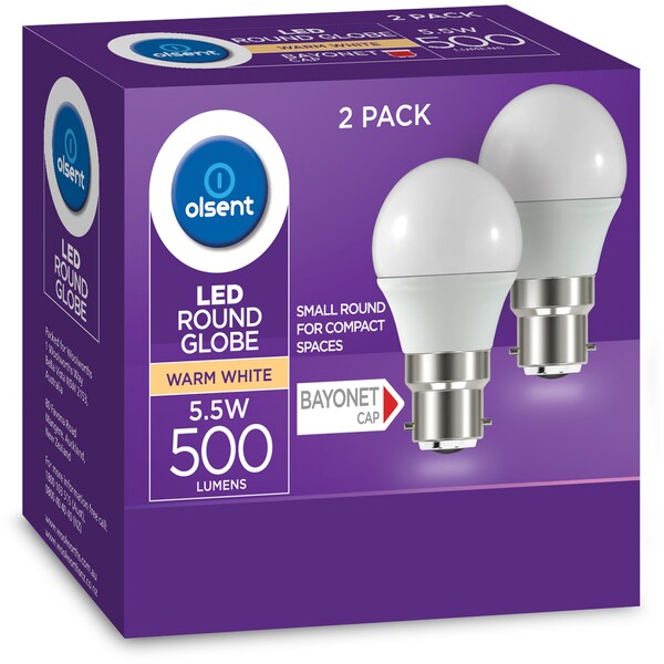 Olsent Led Round Bc 5.5W 500Lm Ww Round Globe 5.5 Watt 2 pack