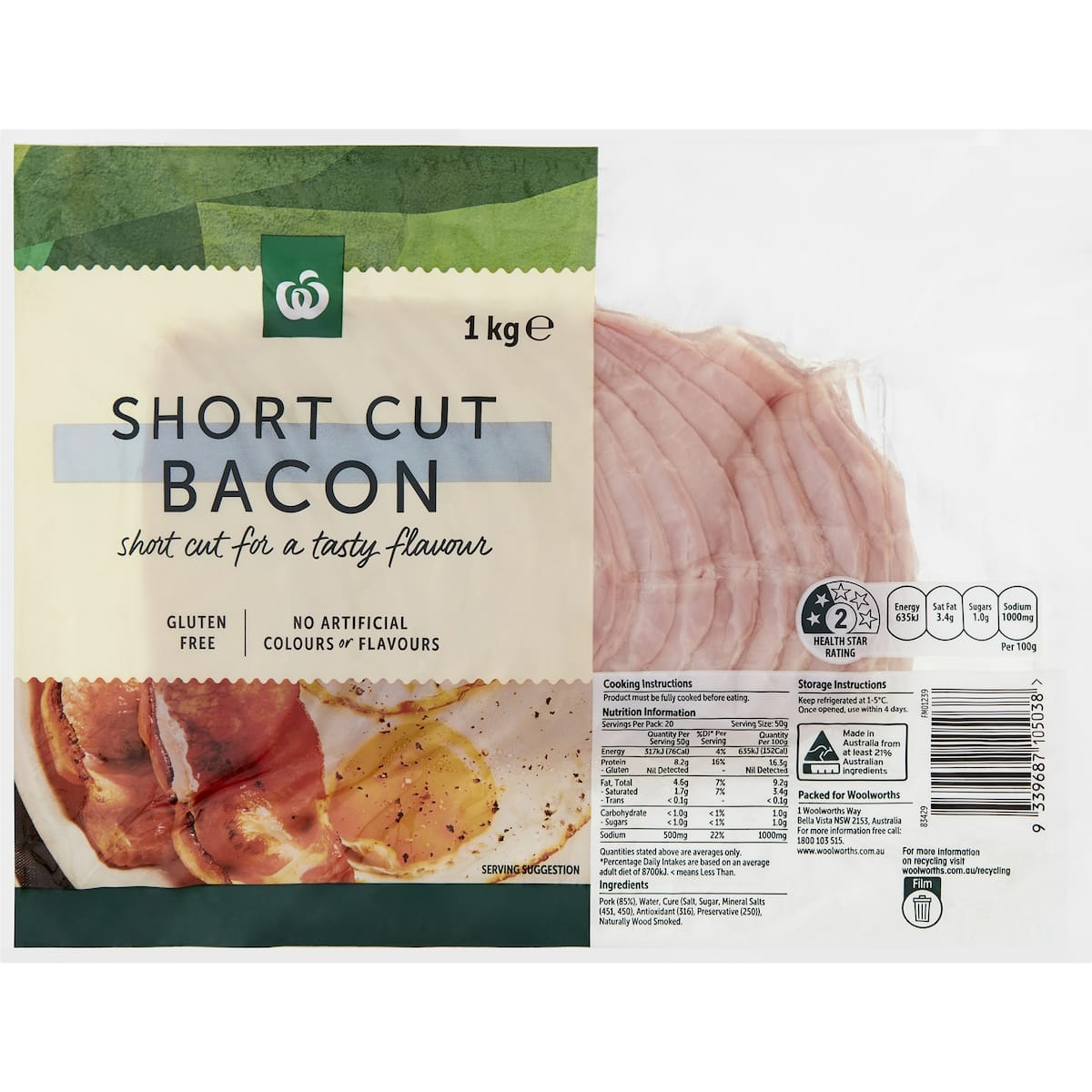 Woolworths Shortcut Bacon 1kg bunch