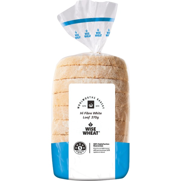 Woolworths Wise Wheat Hi Fibre White Loaf 370g