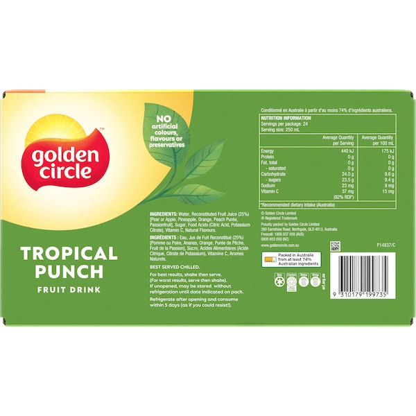 Golden Circle Fruit Drinks Lunch Box Poppers Multipack Tropical Punch 250mL x 24 pack