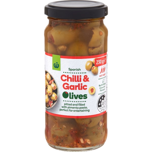 Woolworths Chilli & Garlic Spanish Green Olives 230g
