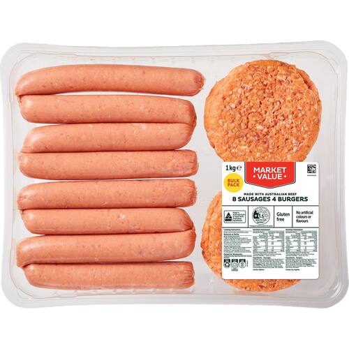 Woolworths Market Value Bbq Pack 8 Sausages and 4 Burgers 1kg bunch